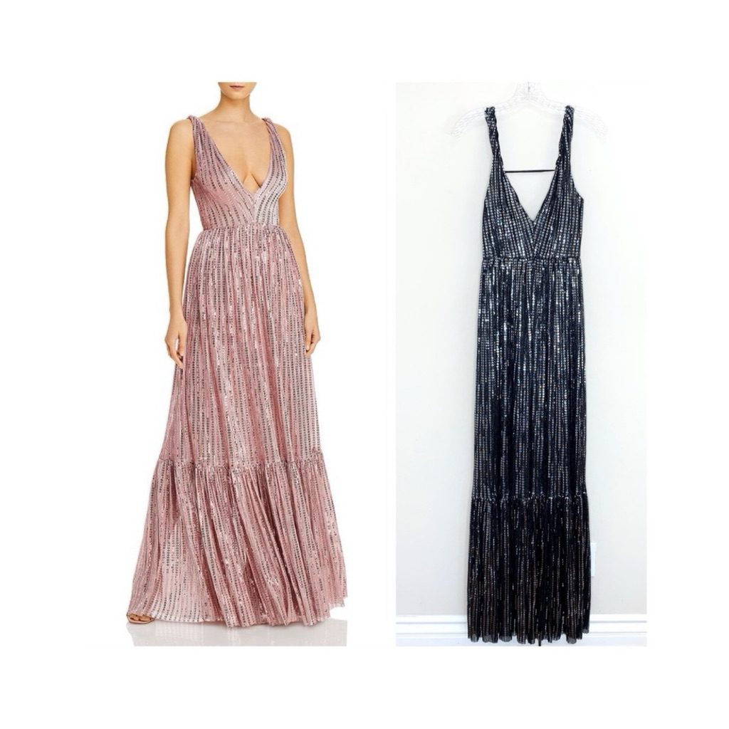 Sabina Musayev Dominique Gown (Sz M) Twisted Straps Black Sequin Tulle Mesh Maxi